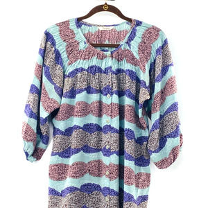 Tucker Classic Knee Length ShirtDress Chic Smocked Neck Button Down Silk Midi Lg